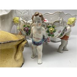 White glazed elephant jardiniere stand; Capo di Mote table centre-piece; and French game-pie dish
