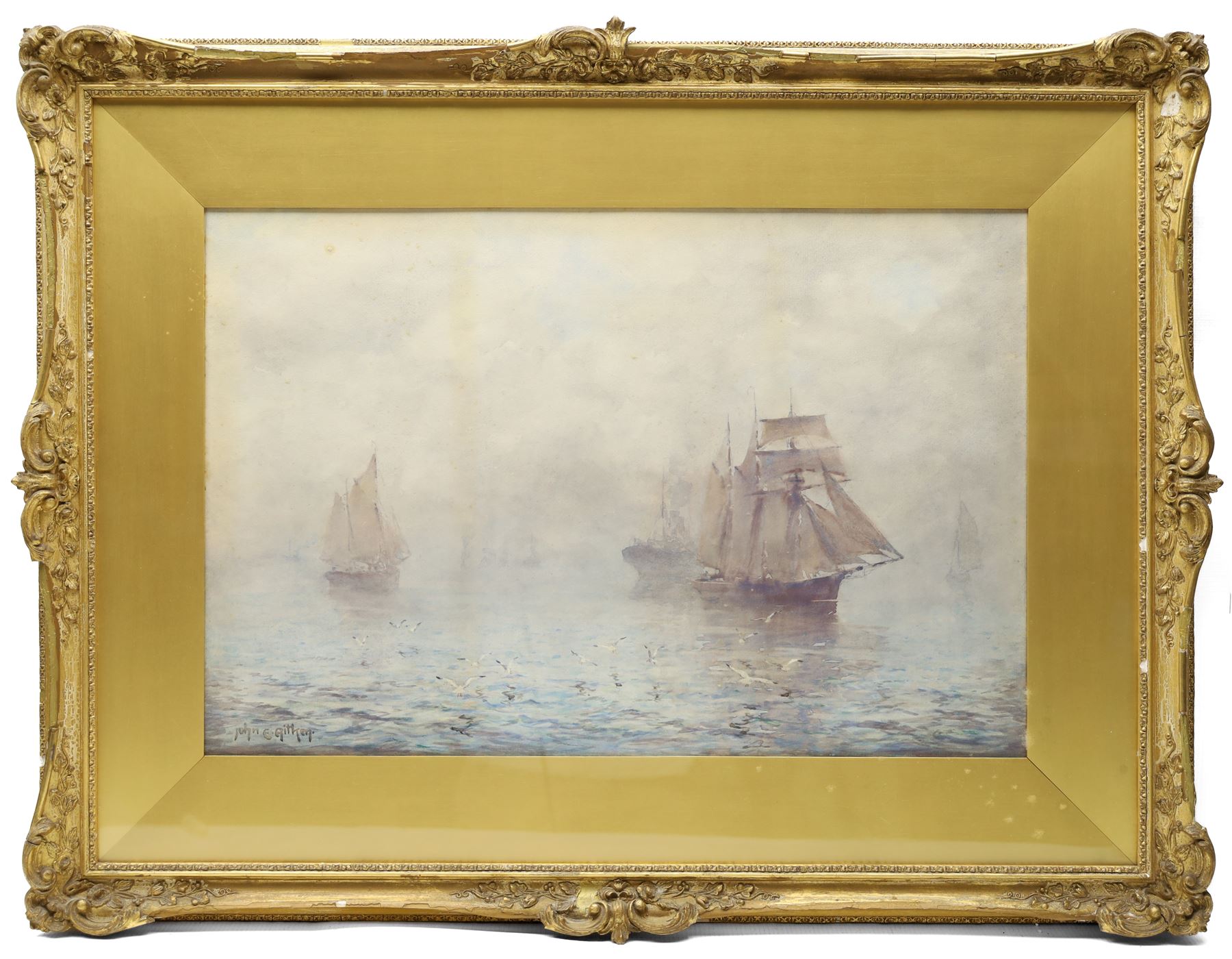 John Ernest Aitken (Scottish 1881-1957): 'Mist on the Mersey', watercolour signed, titled on Chas. Rowley and Co 1910 Ltd label verso 33cm x 49.5cm