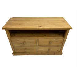 Solid pine media unit, with single shelf and four drawers on plinth base