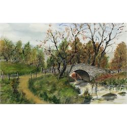 Albert Saunders (Northern British 20th century): 'Autumn at Coverdale Bridge in North Yorkshire Dales', watercolour signed, titled verso 28cm x 41cm