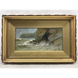 C Rutherford (British early 20th century): ‘On the North East Coast’, oil on canvas signed with monogram, titled and dated 1911 on the slip 16cm x 33cm