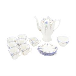 Shelley Art Deco Queen Anne shaped coffee service in the blue iris pattern comprising coff...