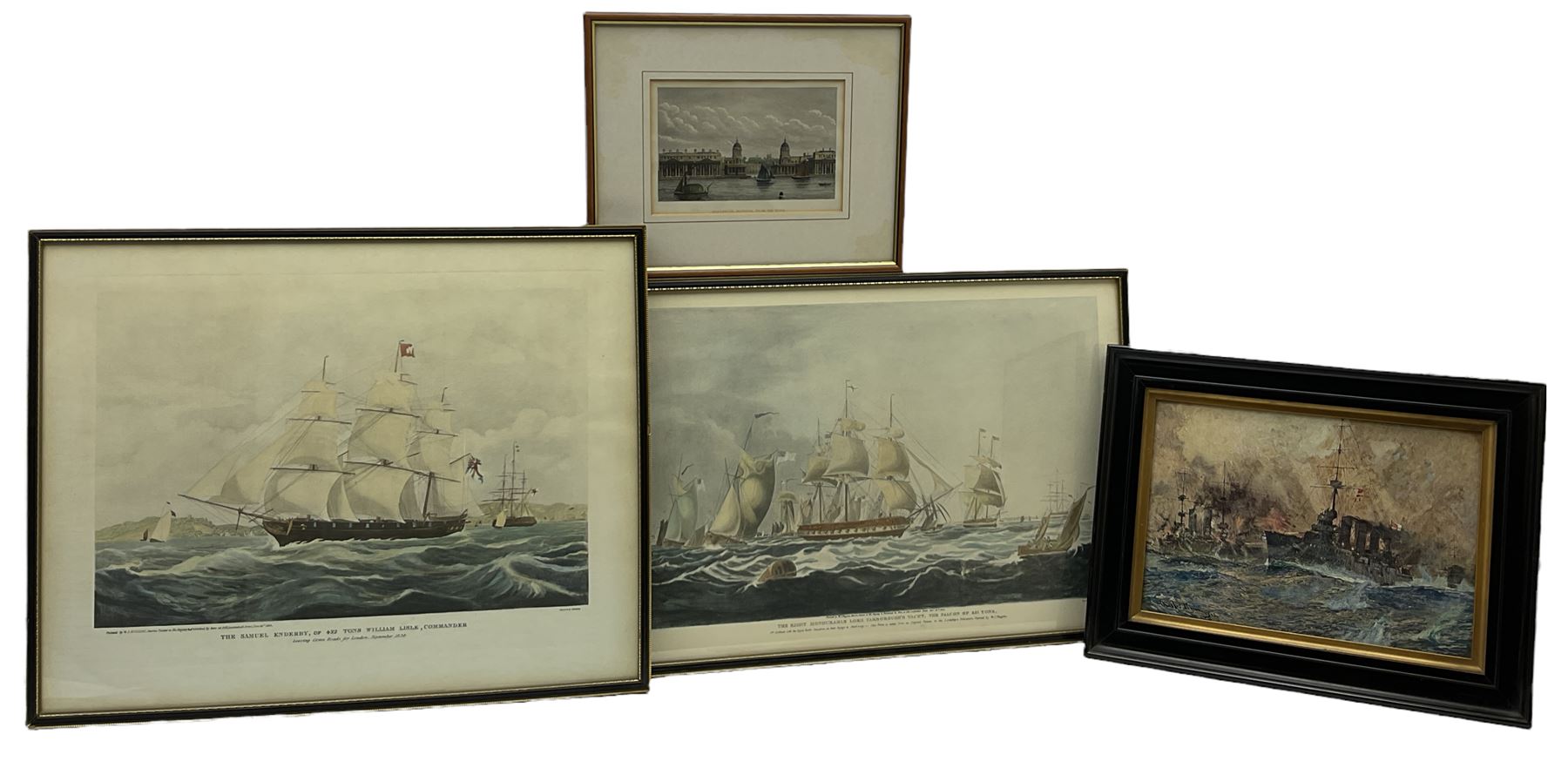 Charles Rosenberg (British 19th century) after William John Huggins (British 1781-1845): 'Th Right Honourable Lord yarborough's Yacht the Falcon of 351 Tons' and 'The Samuel Enderby of 422 Tons William Lisle Commander', two engravings with hand colouring together with two further prints max 34cm x 50cm and one other larger (5)