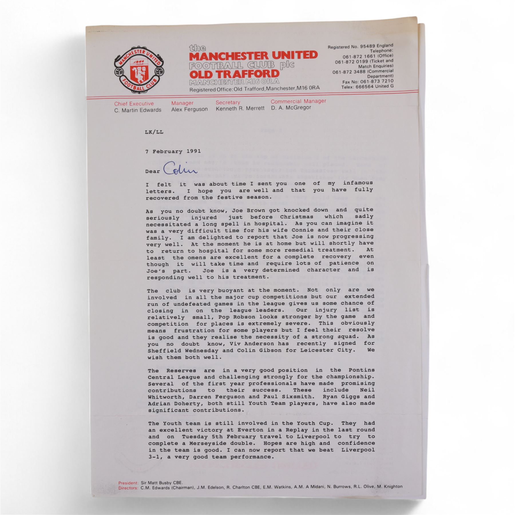 Collection of letters addressed to Colin Appleton, former Leicester City captain and Scarborough FC manger, all on Manchester United letterheads, including a hand written personal letter from former England manager Steve McClarren discussing his experiences as a Manchester United player, and from Manchester United staff members Les Kershaw Chief Scout and Ken Merrett Club Secretary, regarding Colin's time as a scout for the club, updates on player's injuries and progress during the 1990/1991 season, ticket purchases, Christmas hampers and expenses