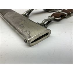 German Reichsarbeitdienst RAD Leader's Hewer dagger, the 26cm single edged scimitar shaped blade with narrow fuller, etched Arbeit adelt; by E.D. Wusthof, Solingen; the aluminium hilt with spade and wheat ear langet; two piece white plastic grip and eagle head pommel; pebbled steel scabbard engraved with ears of wheat and strapwork with double leather hangers L40cm overall