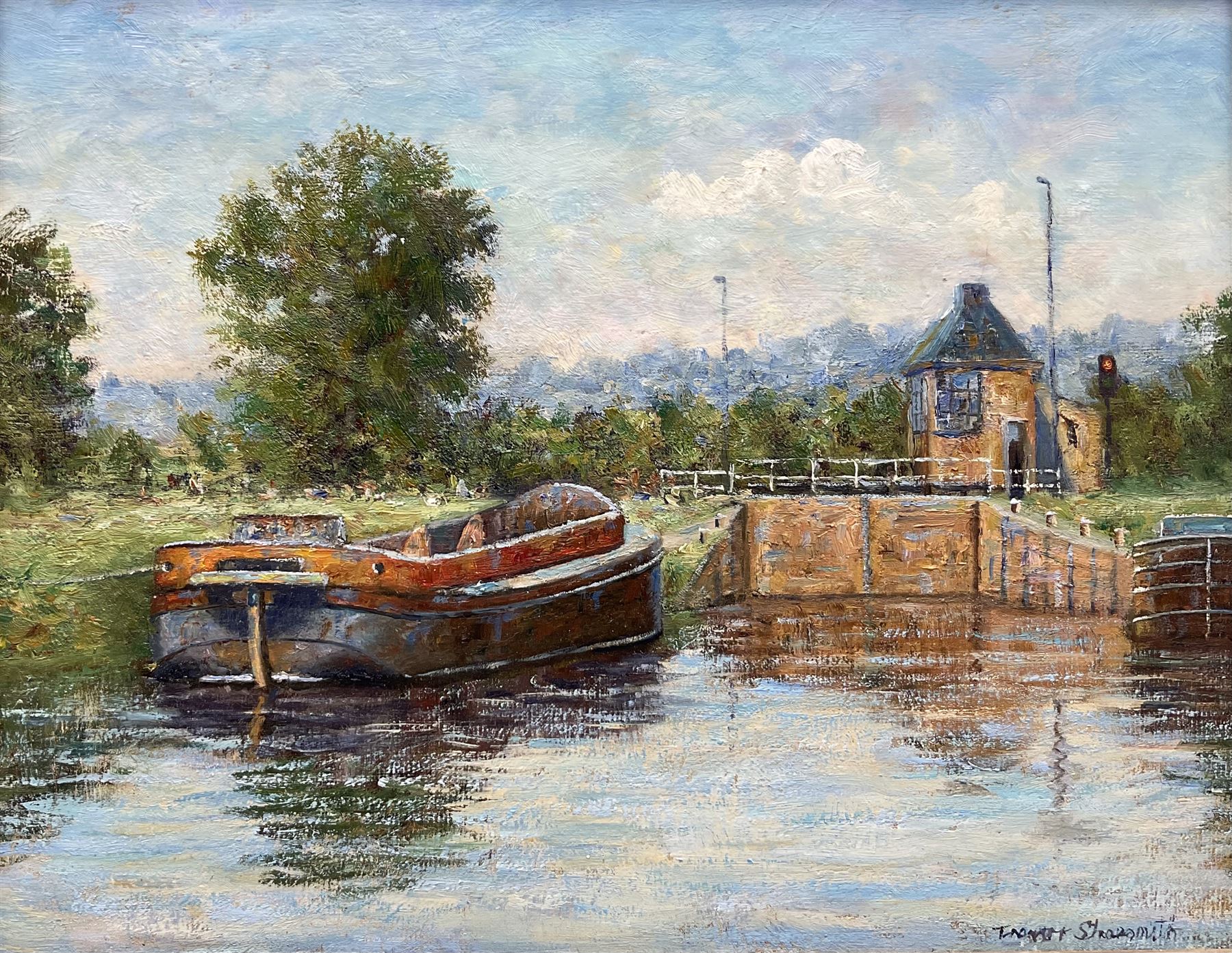 Trevor Shoesmith (British 1944-2011): River Landscape with Boat and Sluice, oil on board signed 29cm x 37cm