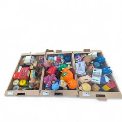 Large collection of vintage money boxes and charity boxes, including plastic, wooden, tin ...