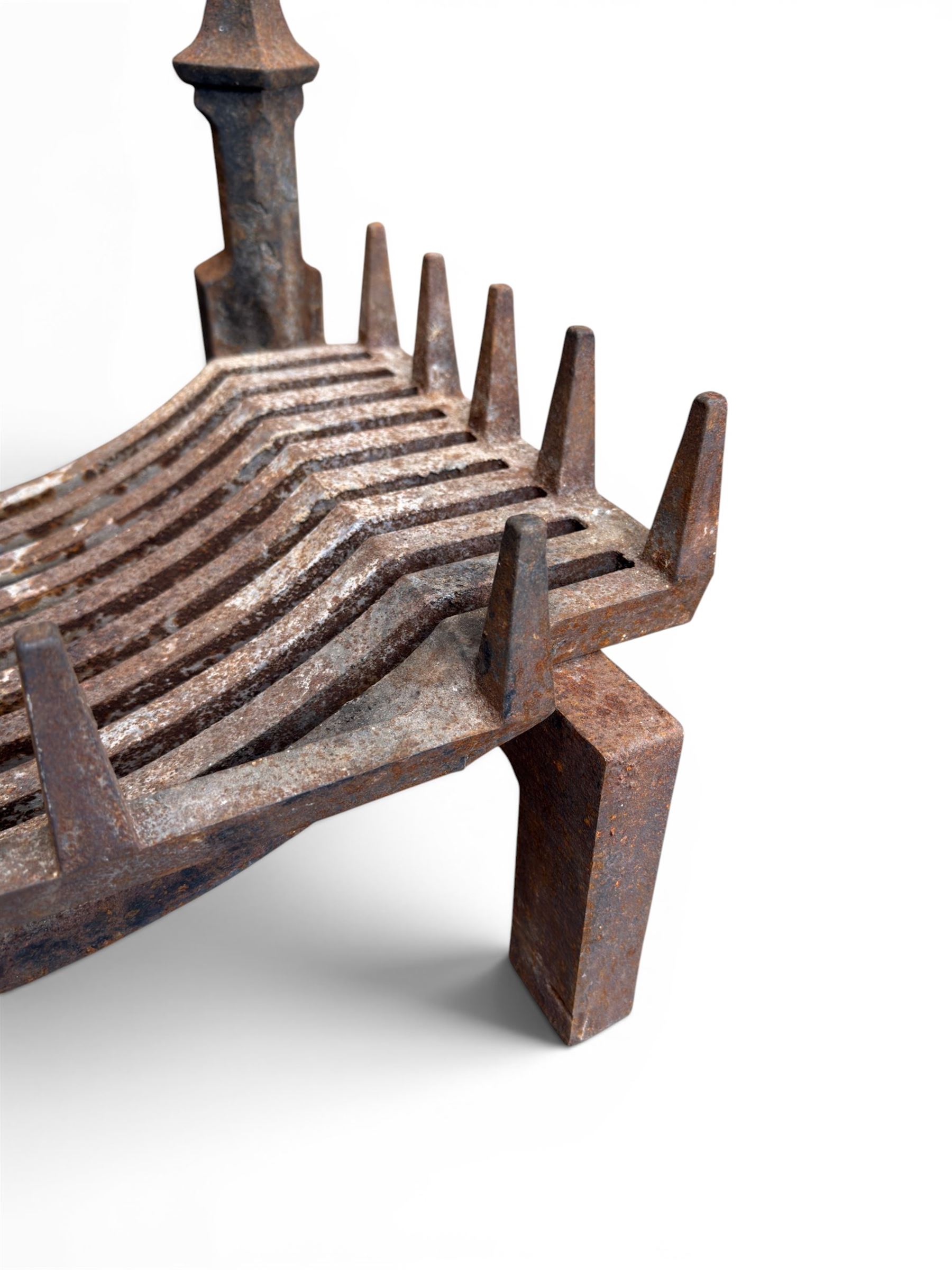 Victorian design cast iron fire grate with fire dogs, final over floral moulding and trefoil base