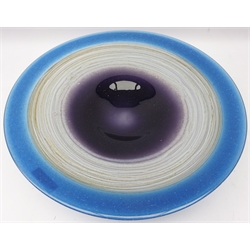  Large Stuart Akroyd art glass bowl, amethyst centre with bands of cream and blue, signed, D50cm   
