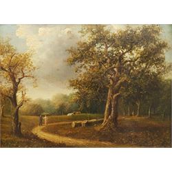 English School (19th century): Country Park Landscape with Figures and Cows, oil on panel signed with monogram 22cm x 29cm