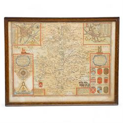 John Speed (British 1552-1629): 'The Counti of Warwick the Shire Towne and Citie of Coventre (Coventry) described', 17th century engraved map of Warwickshire with hand-colouring 41cm x 54cm 