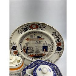 Chinese Canton Famille Rose plate, D14cm, four Wade ceramic decanters in the shape of barrels to include Gin and Whisky examples, and a quantity of other Victorian and later ceramics in one box