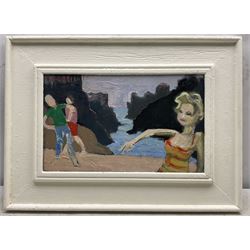 Paul W Ozere (Cornish 20th century): In Winter, Beach Figures, Ship Wreck, The Cliffs, The Dancer, Lovers at Moonlight and Her Yellow Dress, set of seven oils on canvas and board signed max 39cm x 50cm (7)
