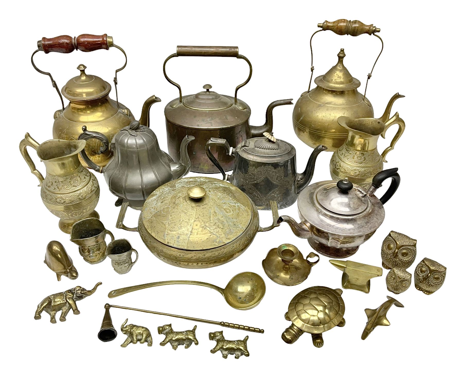 Collection of brassware, to include, kettles, jugs, owl figures etc
