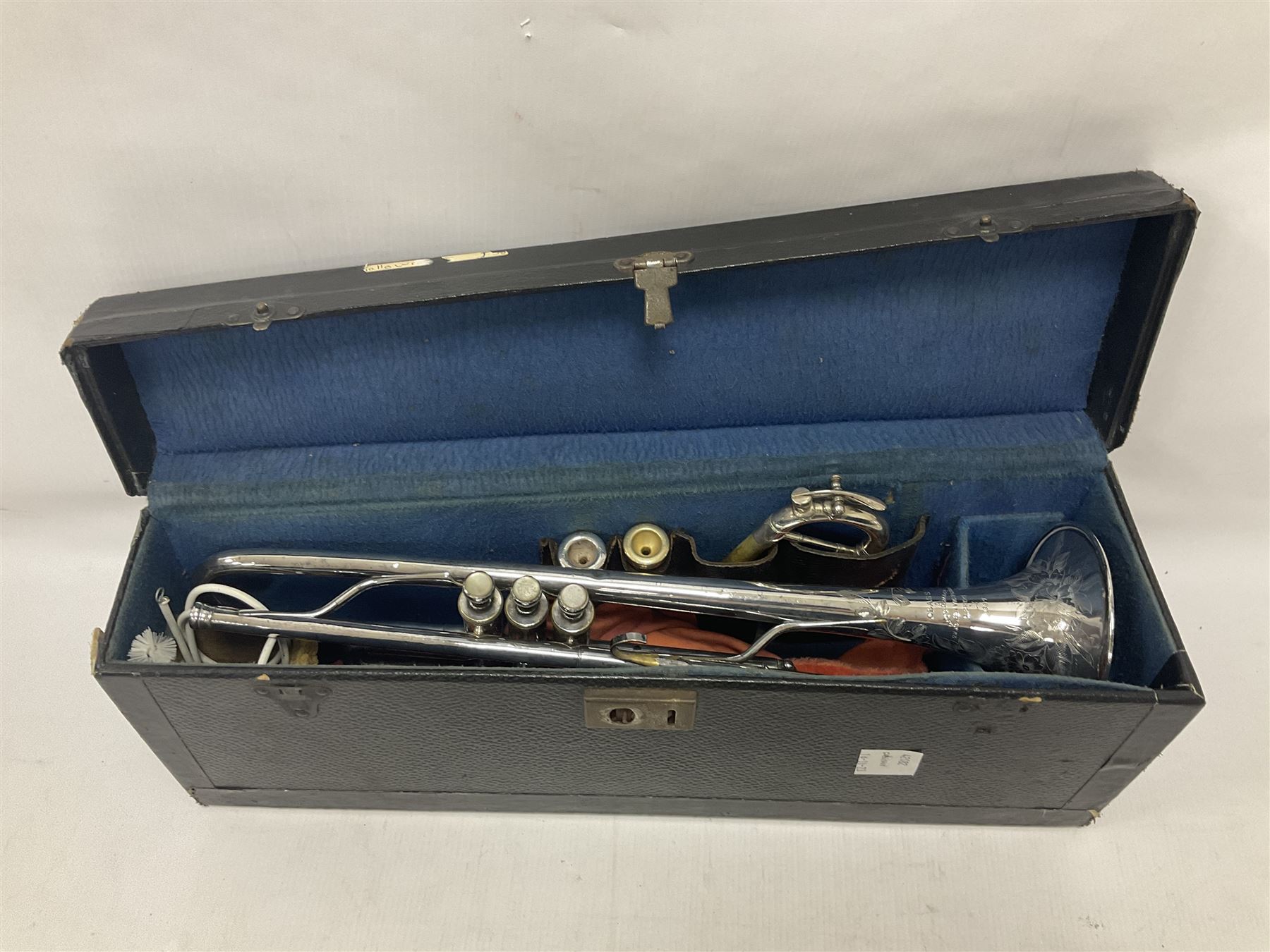 Victorian Class A silver plated trumpet retailed by Kitchen & Co,29 Queen Victoria Street Leeds, 1897 with mouthpiece/slide and in its original felt lined box
