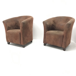 Pair tub shaped chairs upholstered in brown fabric, square tapering supports, W75cm    
