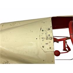 1950s child's tin-plate pedal car, possibly by Tri-ang, painted white and red and named 'Crusader' L104cm