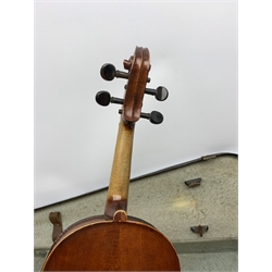 1920s German violin for completion with 36cm two-piece maple back and ribs and spruce top, lacks tailpiece, bridge and strings, 59cm overall, in carrying case