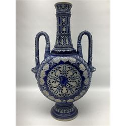 German stoneware blue glazed vase of flattened form with twin handles, H49cm (a/f)