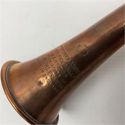 Late 19th century copper and silver plate hunting horn, stamped Swaine & Adeney London Proprietors of Kohler & Son Made in England, L23.5cm