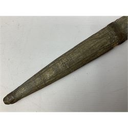 19th century Khanjali dagger, 33.5 cm double edged fullered blade with stamped makers marks, ornate cast grip, with engraved white metal scabbard, 46cm overall