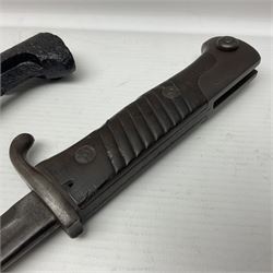 WWI Prussian S98 bayonet with 52cm fullered steel blade dated 1906 to pipeback and marked Solingen to ricasso, regimentally stamped to cross guard 56.R.11.2. for 56 Infanterie Regiment, 11 Kompanie, Waffe 2, L65cm overall; and another in battlefield relic condition (2)