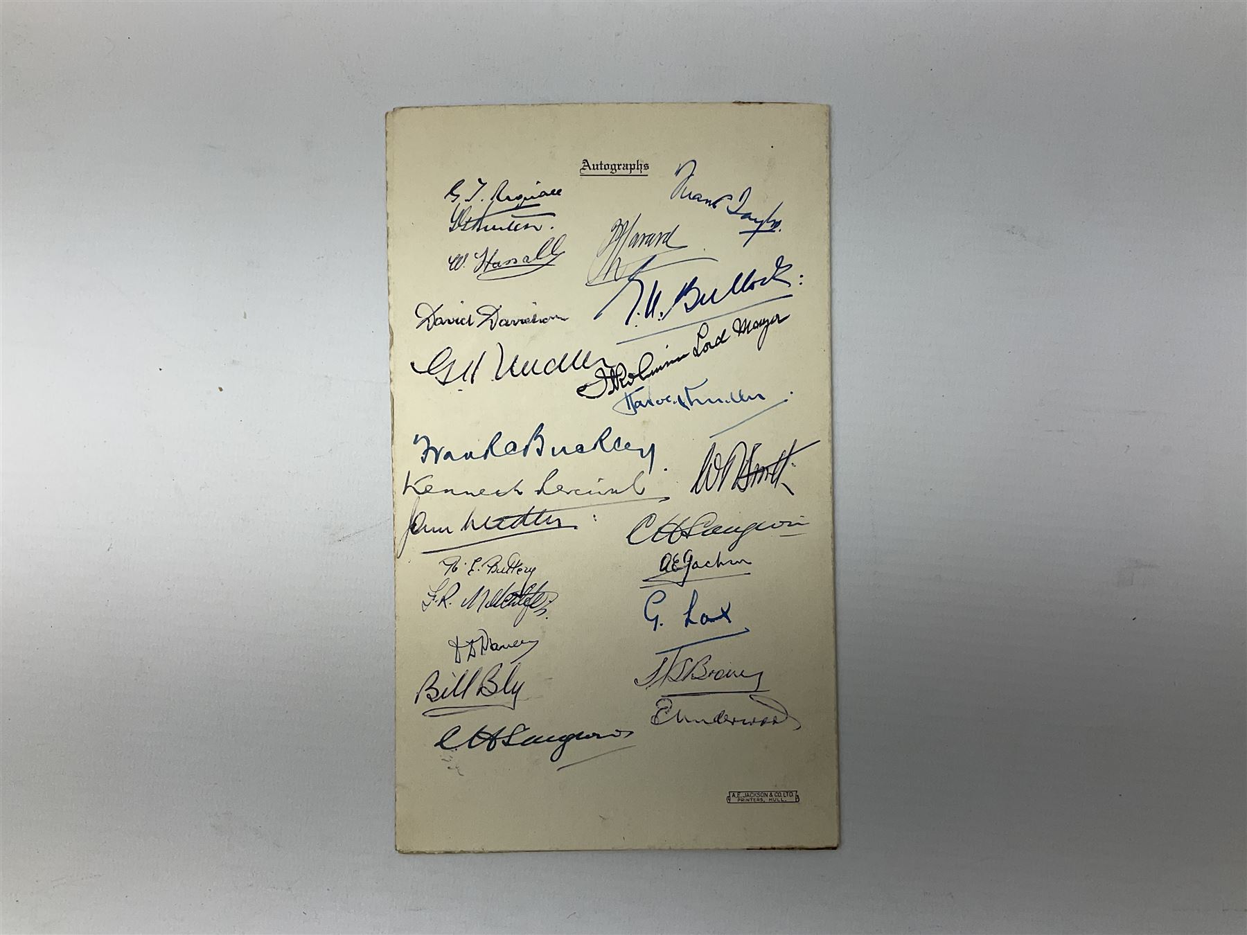 Hull City AFC 1947 presentation dinner menu/programme bearing twenty-four signatures including Bill Bly, David Davidson, Wilf Hassall, Harry Brown, Frank Buckley (Manager), Alderman Robinson Lord Major of Hull etc; and FA Cup 1981 Centenary Banquet menu/programme bearing multiple signatures including Bobby Robson, Ron Greenwood, Tom Finney, Tony Book, Frank McLintock, Bobby Kerr, Emlyn Hughes, Don Welsh, Johnny Carey etc; Provenance: By direct descent from the family of Raich Carter having been consigned by his daughter Jane Carter (2)