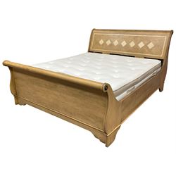 Barker & Stonehouse - 'Flagstone' 6' Superking size mango wood sleigh bed, the head and footboard inset with stone geometric inlays, scrolled and rolling reed moulded frame, on bracket feet 