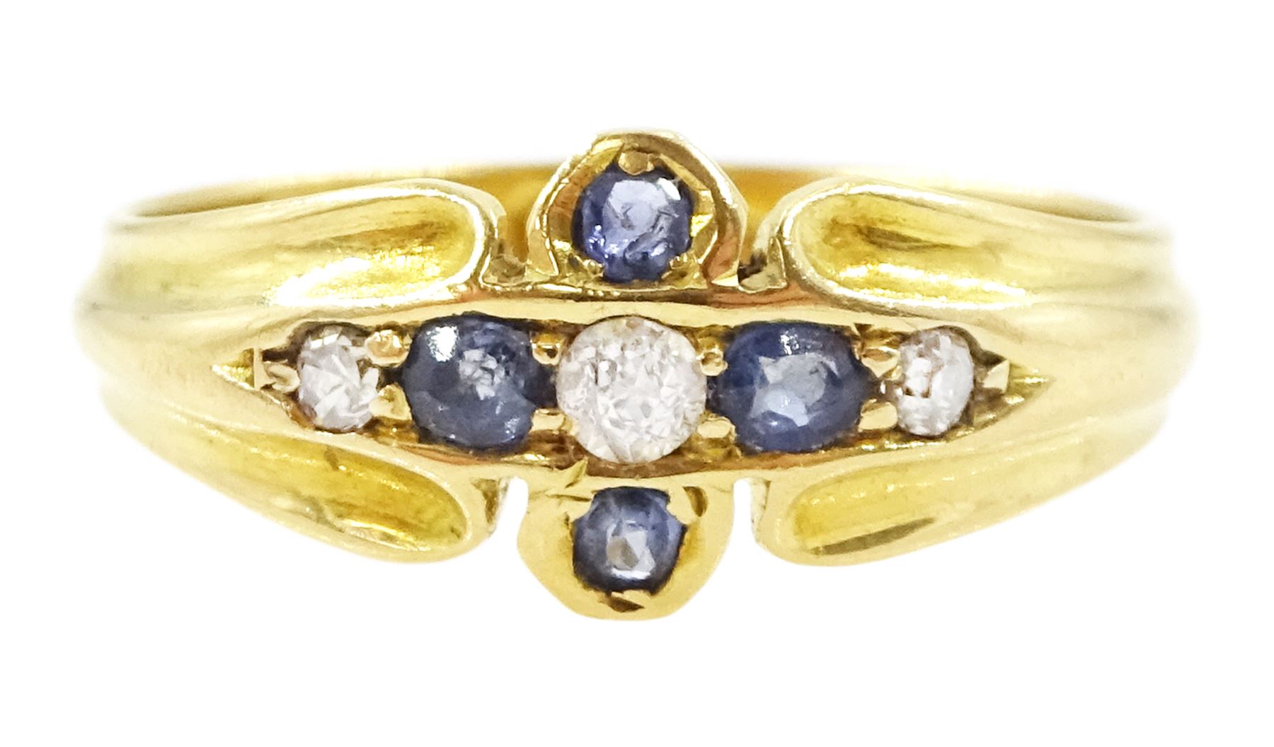 Victorian 18ct gold sapphire and diamond ring, three old cut and single cut diamonds, the principal diamond with four oval cut sapphire surround, to a ridged design shank, Birmingham 1899