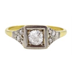 Early-mid 20th century 18ct gold single stone old cut diamond ring, with milgrain set diamond shoulders, stamped, principle diamond approx 0.25 carat