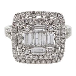 18ct white gold round brilliant cut and baguette cut diamond cluster ring, with diamond set shoulders, total diamond weight approx 1.25 carat