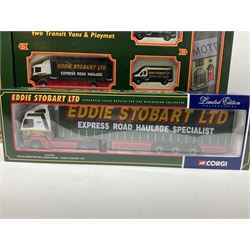 Corgi Eddie Stobart - Leyland DAF Curtainside in plastic hinge topped display case; AEC truck and trailer; Scania Curtainside Trailer 59503; limited edition Volvo Globetrotter CC12401; Corgi Classics Bedford S Box Van 19306; two Truck Set & Playmat sets comprising Short Wheel Base Lorry and Scania & ERF Cabs; and a Motorway set including Volvo Short Wheelbase Lorry and ERF Curtainsider; all boxed (8)