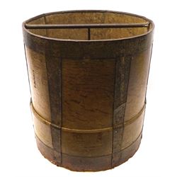 Large 19th century oak grain measure, of cylindrical form bound with iron mounts, impressed detail E Dupont, H44cm D40.5cm