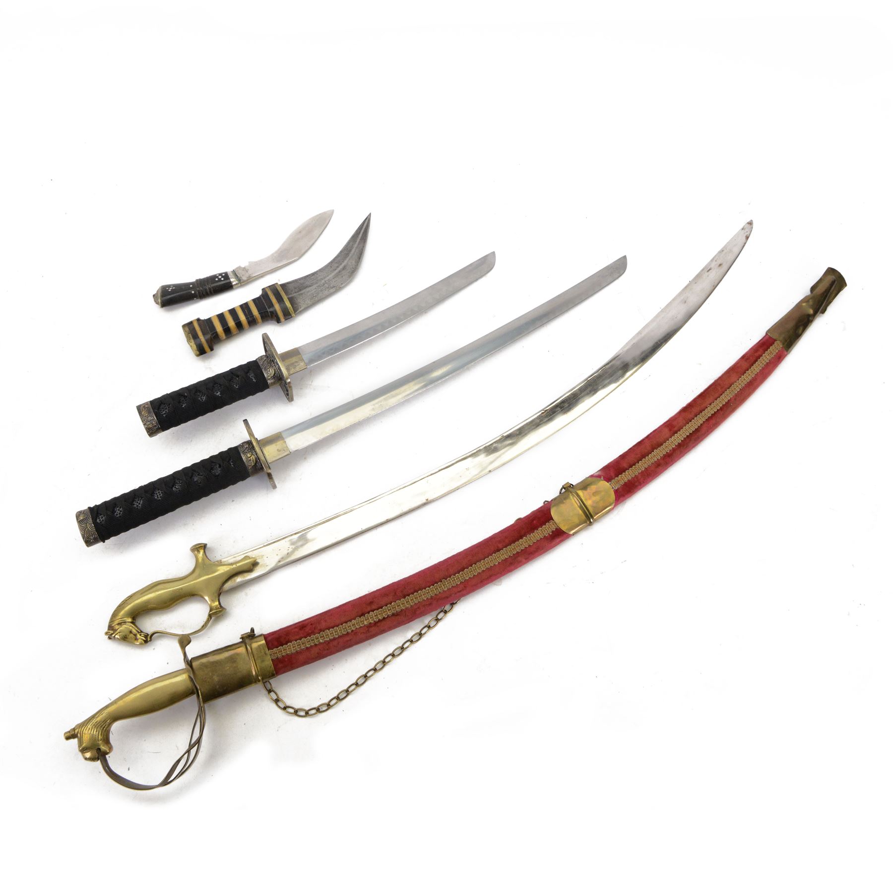  Ancient Warrior Wakizashi and Tanto Blade Set, together with two reproduction Indian swords, together with two daggers