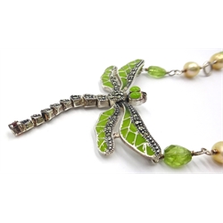  Peridot, pearl and marcasite silver dragonfly necklace, stamped 925  