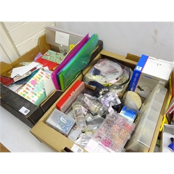  Quantity of craft making items including card, lace, printing blocks, greeting cards, paper etc in three boxes and set of plastic drawers   