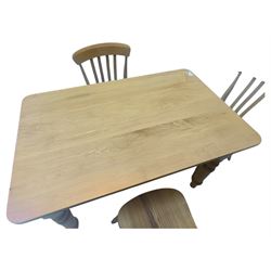 Light wood kitchen table; set of four chairs,  chairs have a shaped top rail over four vertical slats dished seat over turned legs on a H-stretcher 