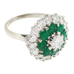 18ct white gold round brilliant cut diamond and round cut emerald cluster ring, principal diamond approx 0.45 carat, total diamond weight approx 1.55 carat
