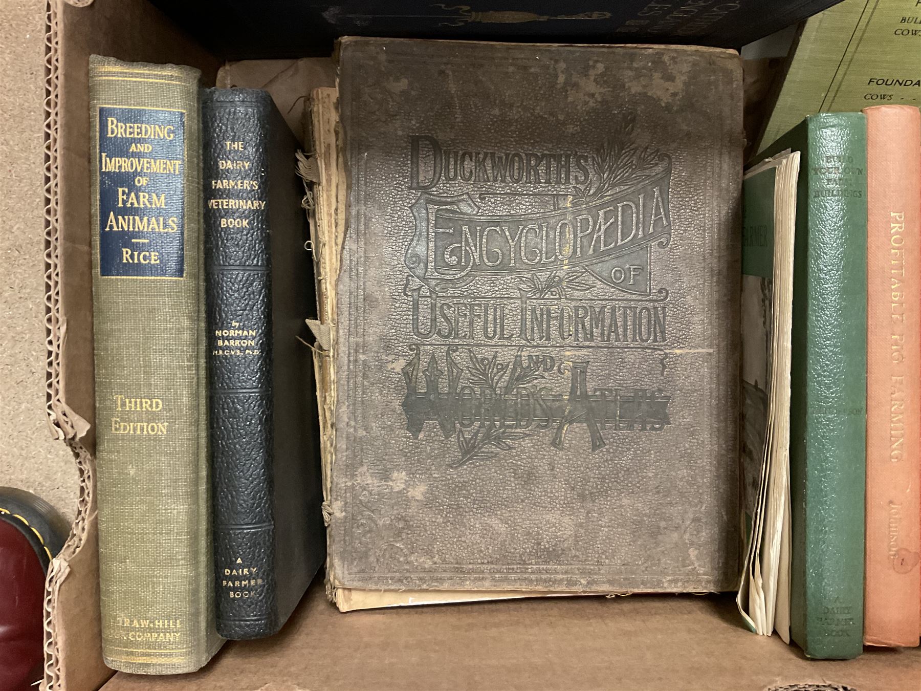 Two volumes of the Concise Household Encyclopedia together with Encyclopedia of Useful Information & Atlas of the World, two volumes of the Cathedrals of England and Wales and various books on farming, in two boxes