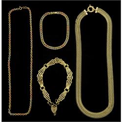 9ct gold jewellery including gate bracelet, tri-coloured necklace and bracelet and one other fancy flat link necklace