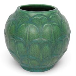 Pilkington's Royal Lancastrian green vase, of bulbous form, with stylised leaf decoration, with impressed mark and number 3362 beneath, H17cm 