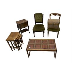 Mahogany framed chair and a similar walnut example, tile top coffee table, sewing box, nest of tables and a wicker casket (6)