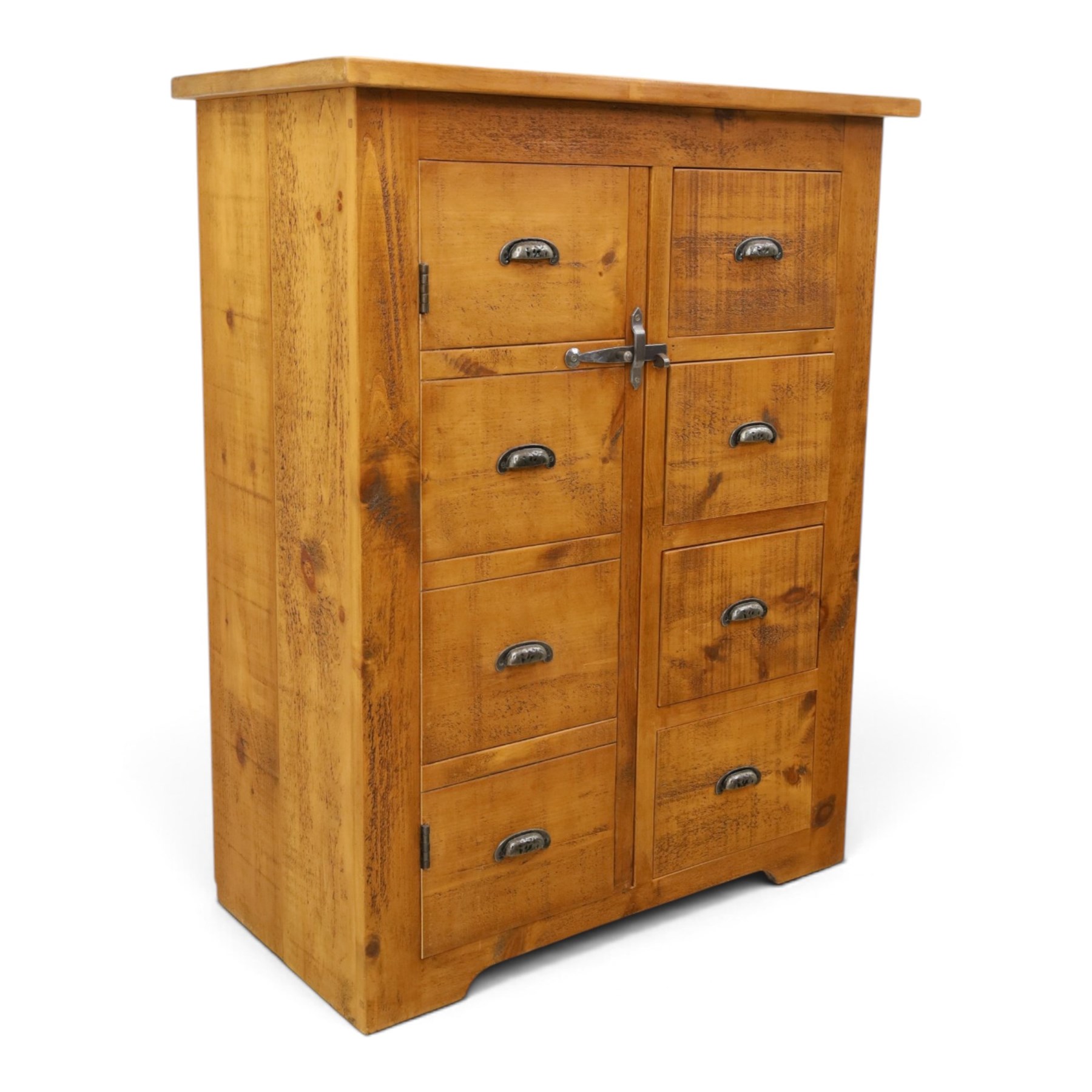Indigo Furniture - large rustic oak cupboard with faux-drawer fronted cupboard, rectangular top above a cupboard door to the left with latch, a bank of four drawers to the right, metal cup handles raised on shaped supports