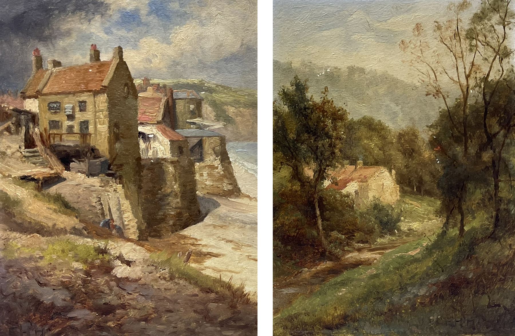 Edward Henry Holder (British c1848-1922): Robin Hood's Bay and Forge Valley Cottages, pair oils on paper signed with initials 16cm x 12cm (2)