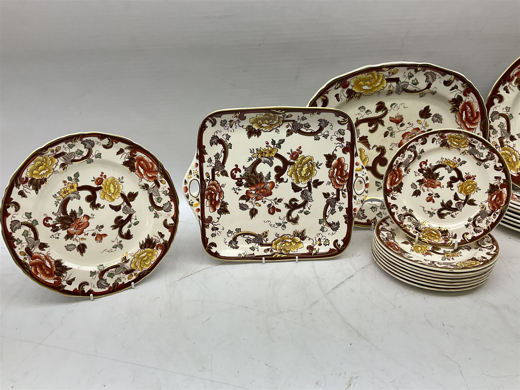 Masons Brown Velvet pattern tea and dinner wears, to include eight dinner plates, eight twin handled soup bowls and saucers, eight tea cups and saucers, cheese cover and plate, jug, meat platter etc (84)  