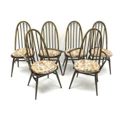 Set of six (4+2) Ercol high hoop back dining chairs, spindle back, turned supports, W61cm