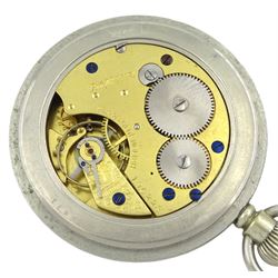 WWI British Military nickle open face keyless lever pocket watch by H. Williamson, London, No. 196228, black dial with subsidereary seconds dial, screw back case by Dennison, engraved broad arrow and 23654F