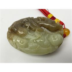Chinese hardstone carving of a fish amongst coral, with platted rope handle, together with other hardstone and soft stone carvings  