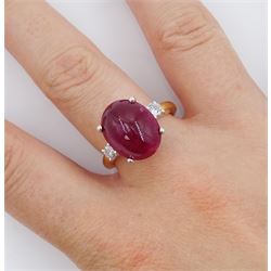 18ct gold three stone cabochon ruby and round brilliant cut diamond ring, hallmarked, ruby approx 9.95 carat