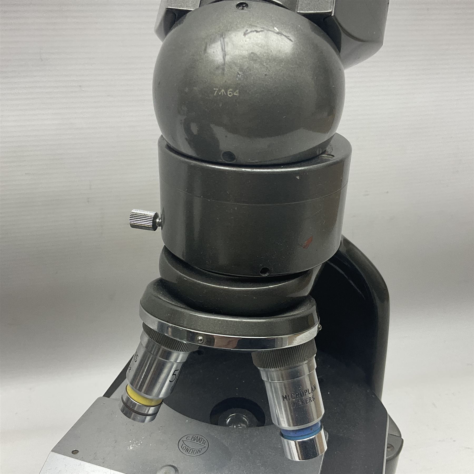 Four microscopes, comprising C Baker London Vickers, Back Diamax no 40956, Opax ABF no 232733 and one other 
